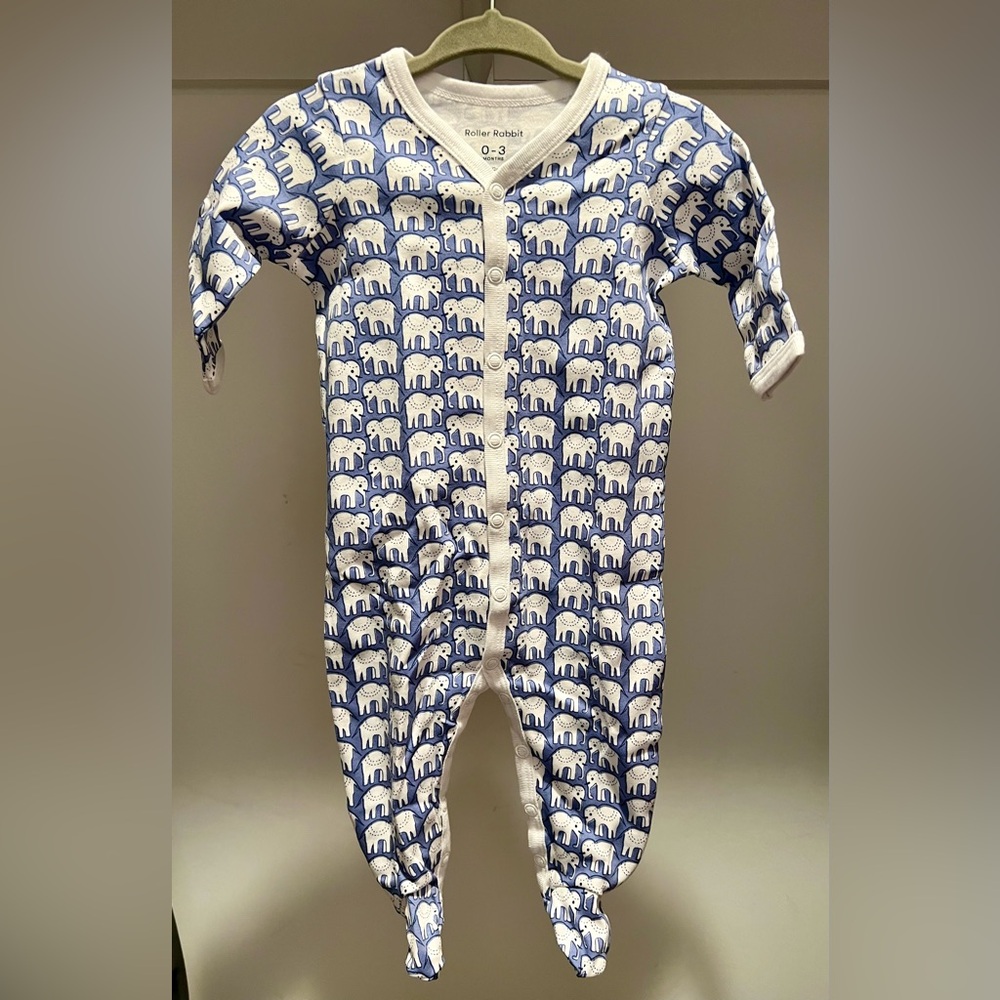 EUC Roller Rabbit Infant Blue Hathi Zipper Footie, Pima cotton, Sz 0-3 Months